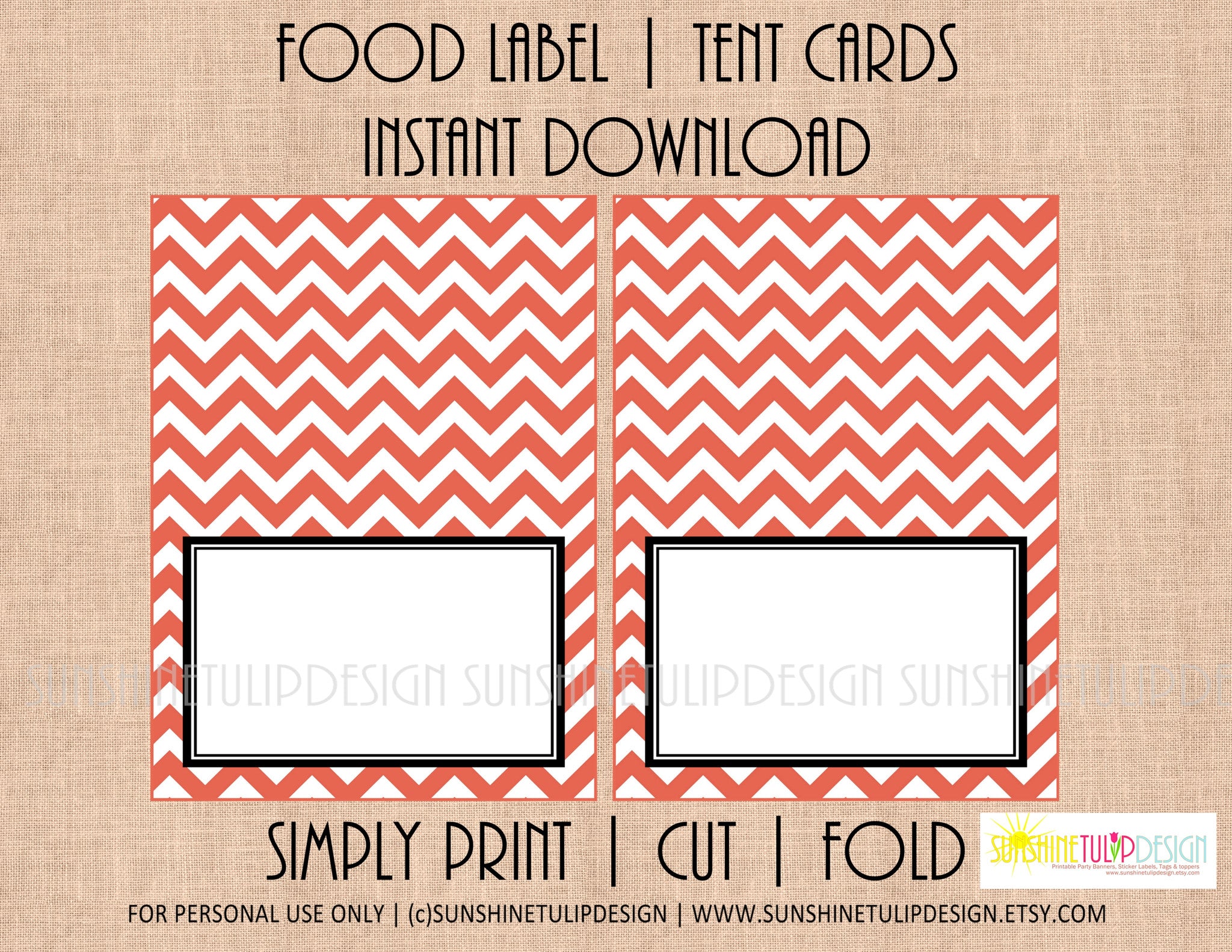 Printable Food Label Buffet Tent Cards Coral White Chevron 