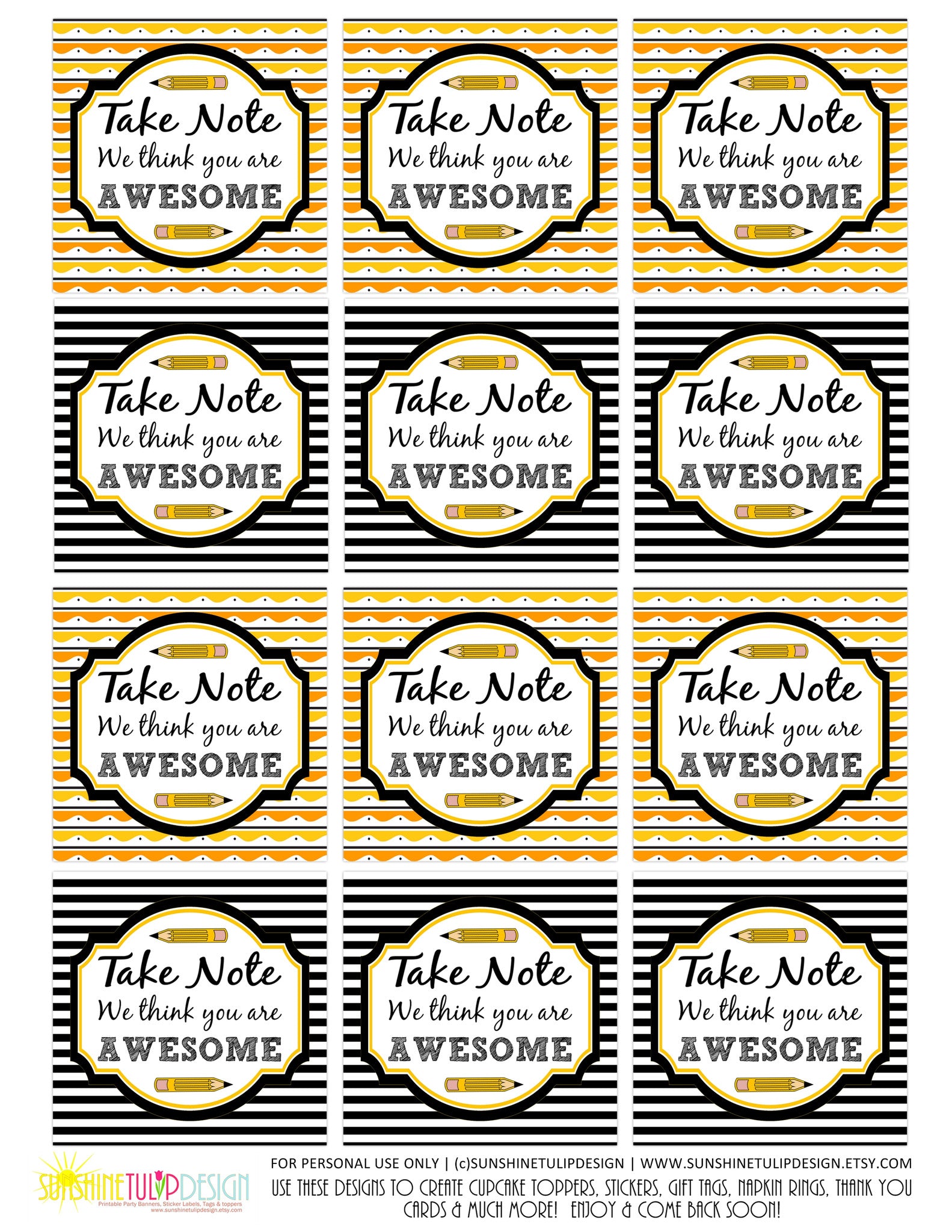 Printable Teacher Appreciation Gift Tags, Take Note You are Awesome Te