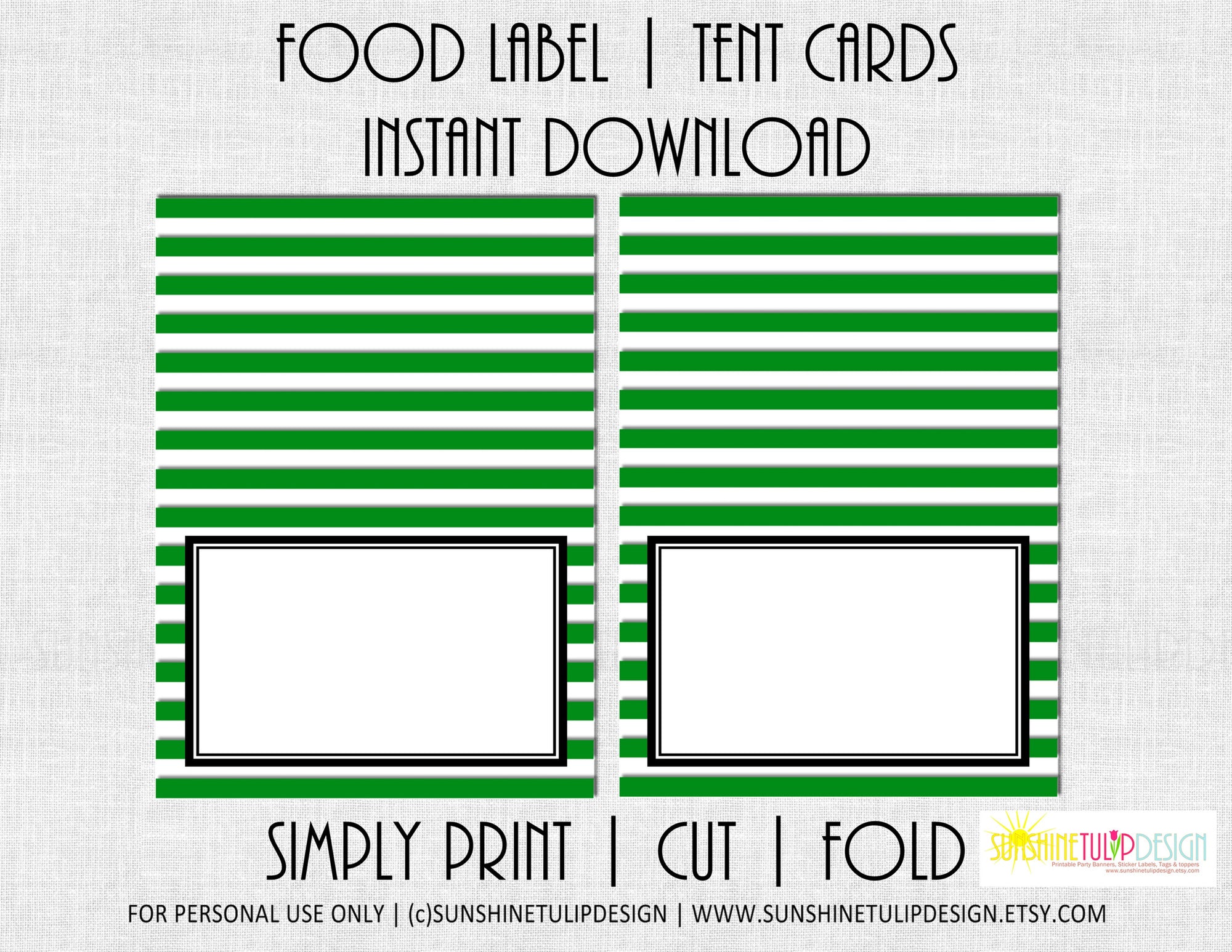 Printable Food Tent Cards, Printable Green & White Stripe Food Label T