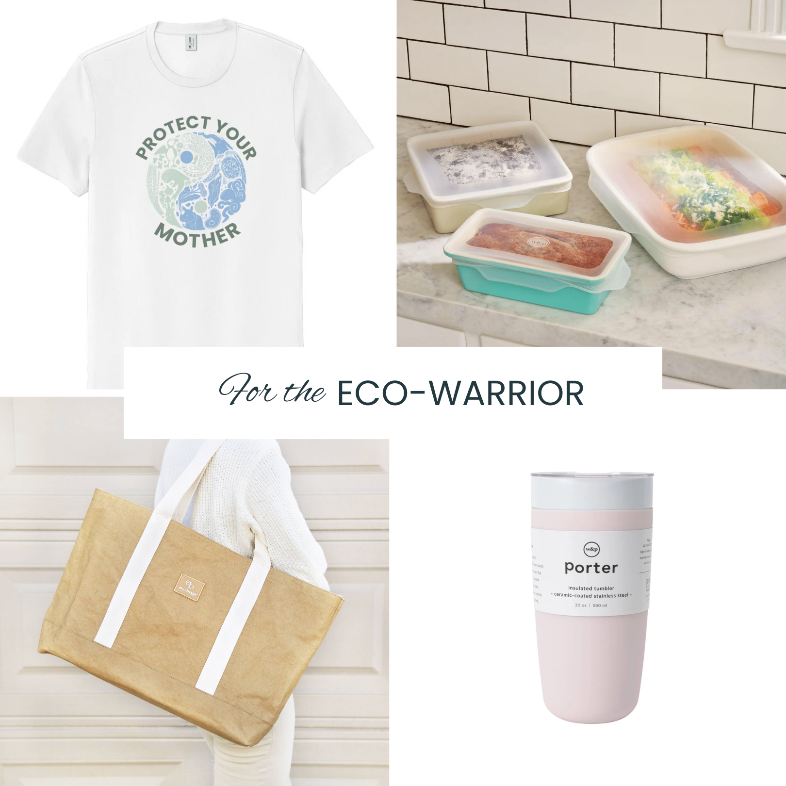 A collage of four images: Protect Your Mother t-shirt, reusable stretch baking covers, a paper leather bag, and reusable ceramic mug