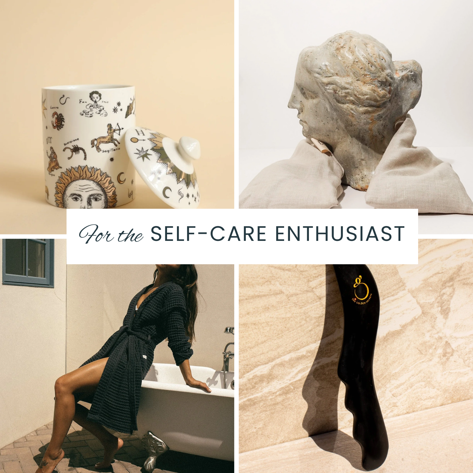 A collage of four images: a sustainable candle, body wrap, organic bath robe, a sculpting gua sha