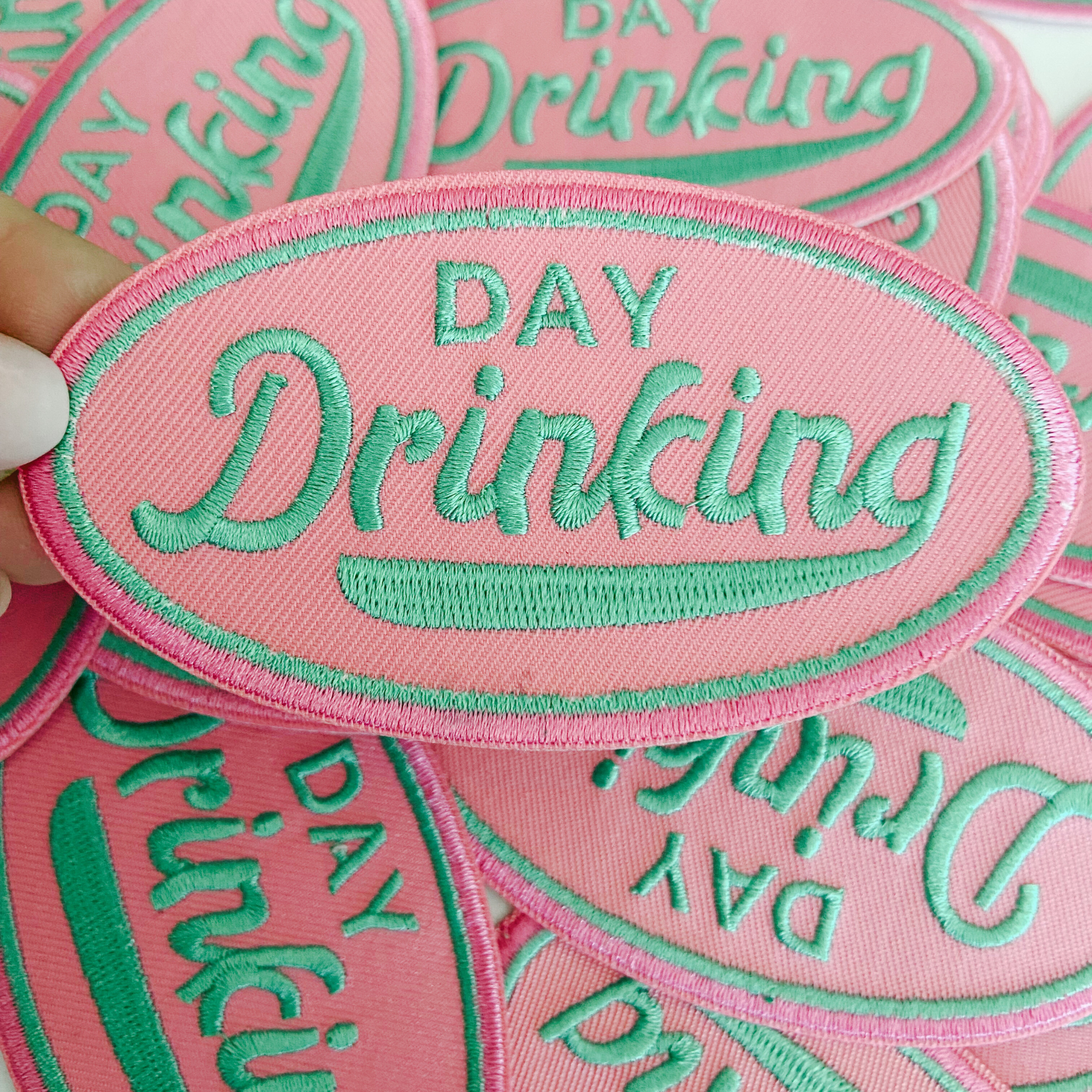 4" Day Drinking in Pink and Teal - Embroidered Hat Patch (Version 2)