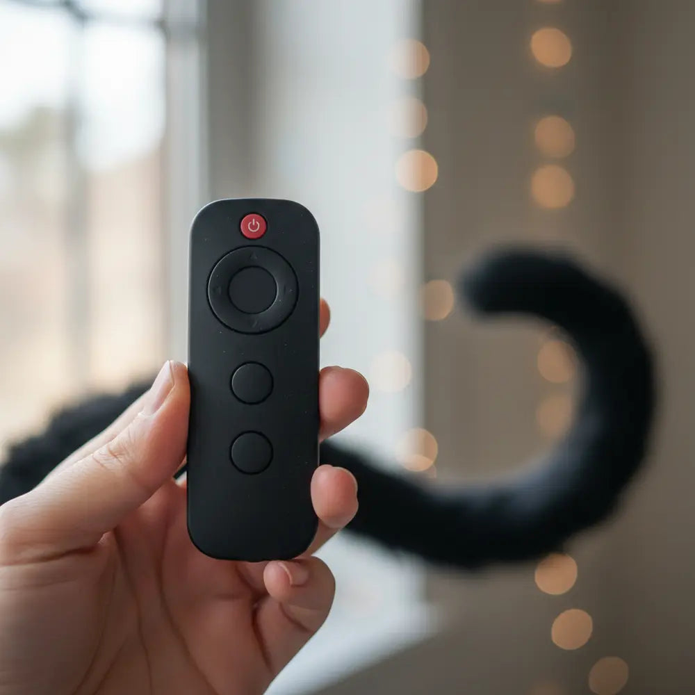Hand holding a remote control for a cosplay tail.