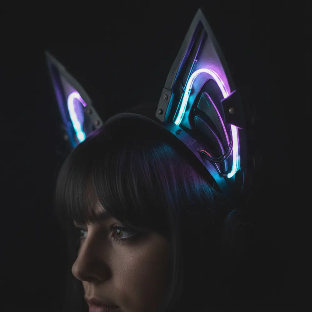 Close-up of vibrant LED cosplay ears glowing