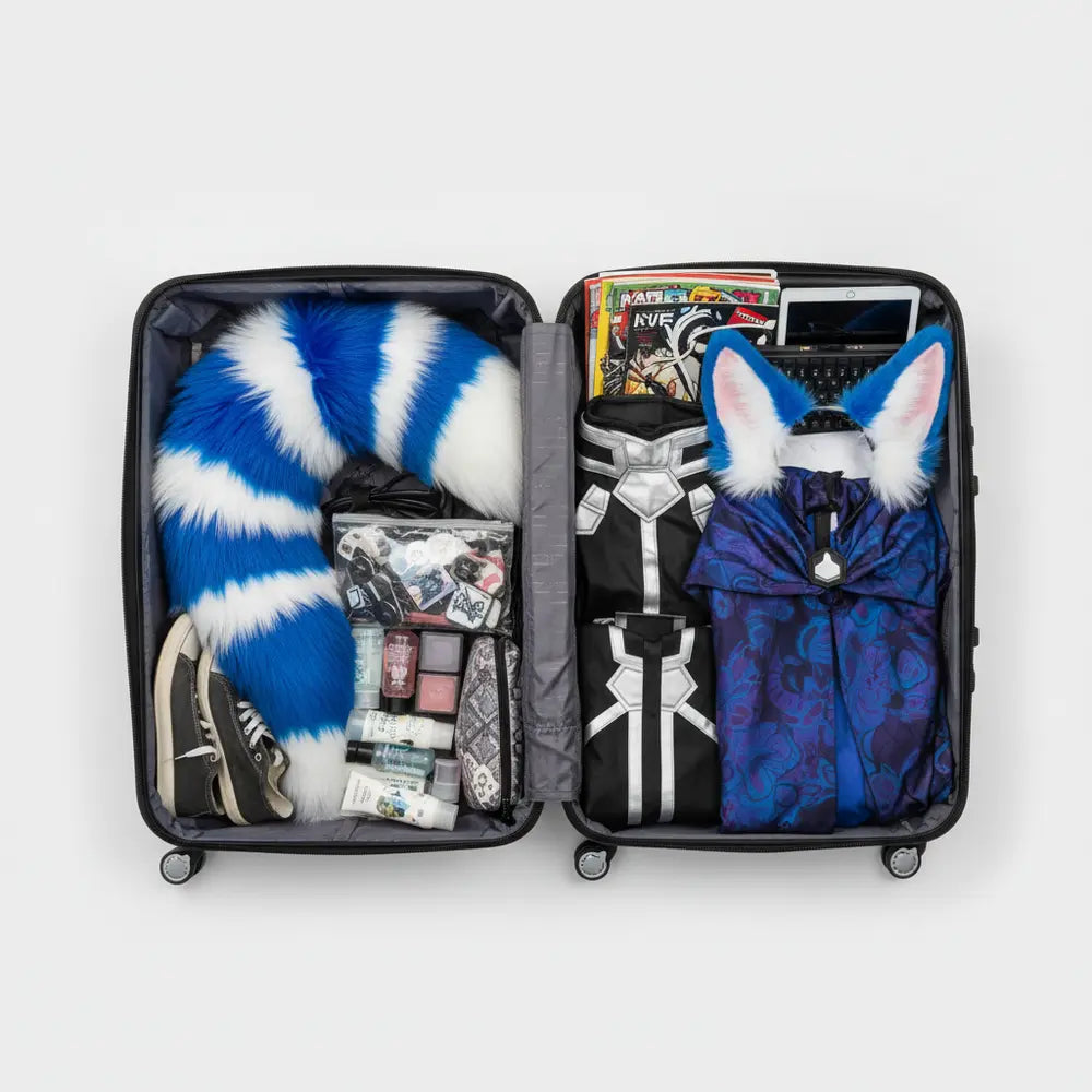Fursuit accessories packed carefully in a suitcase.
