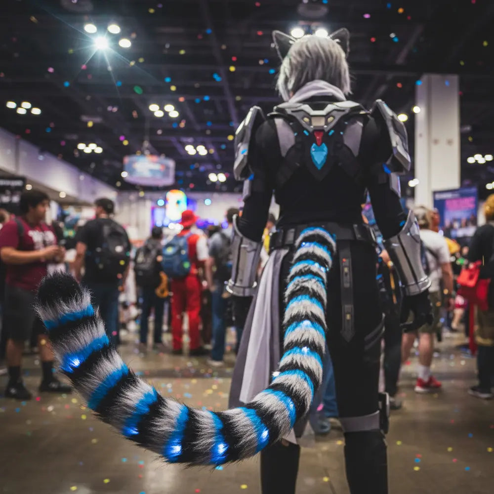 Cosplayer showing off a lifelike moving cat tail.