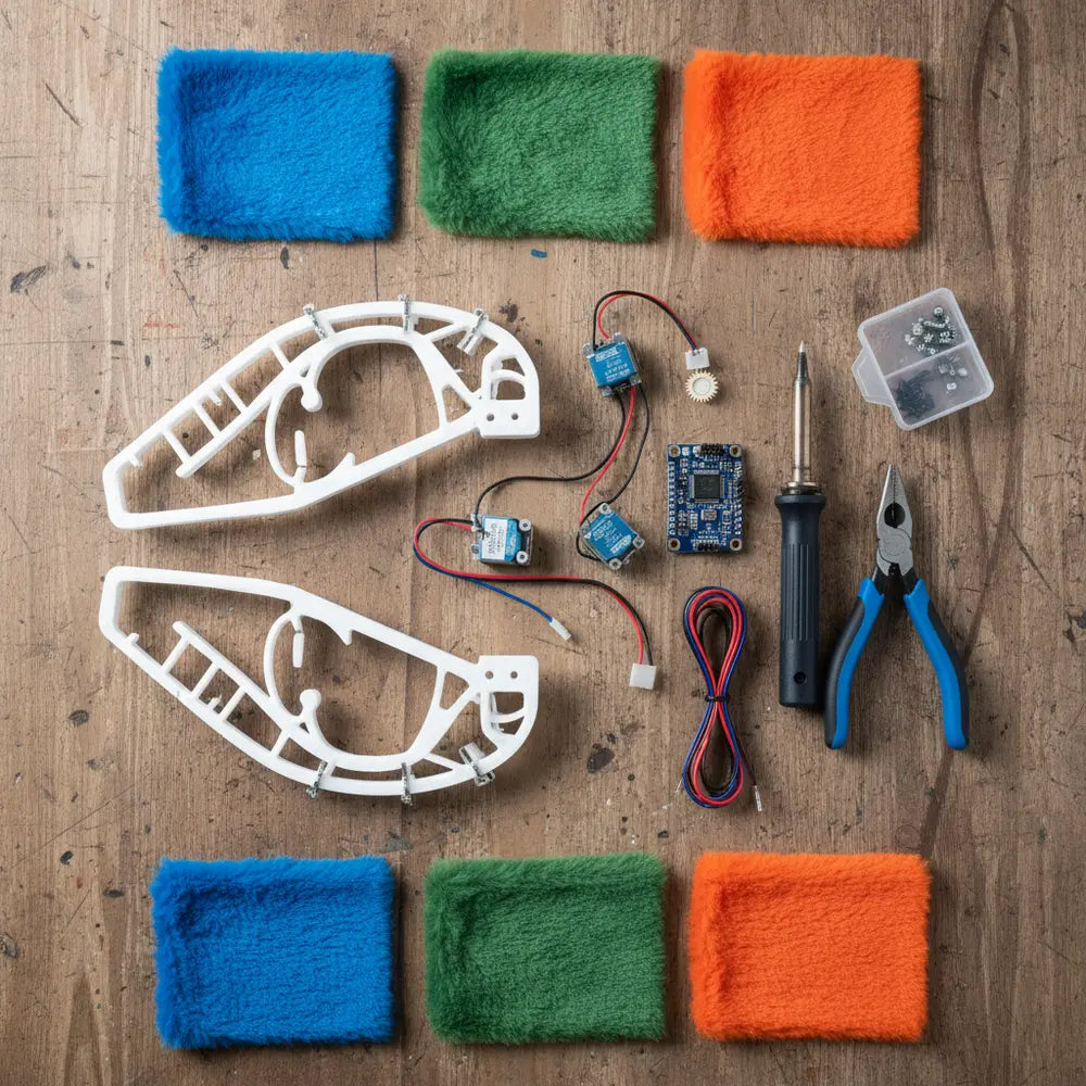 Tools and components for a DIY animatronic ear kit.
