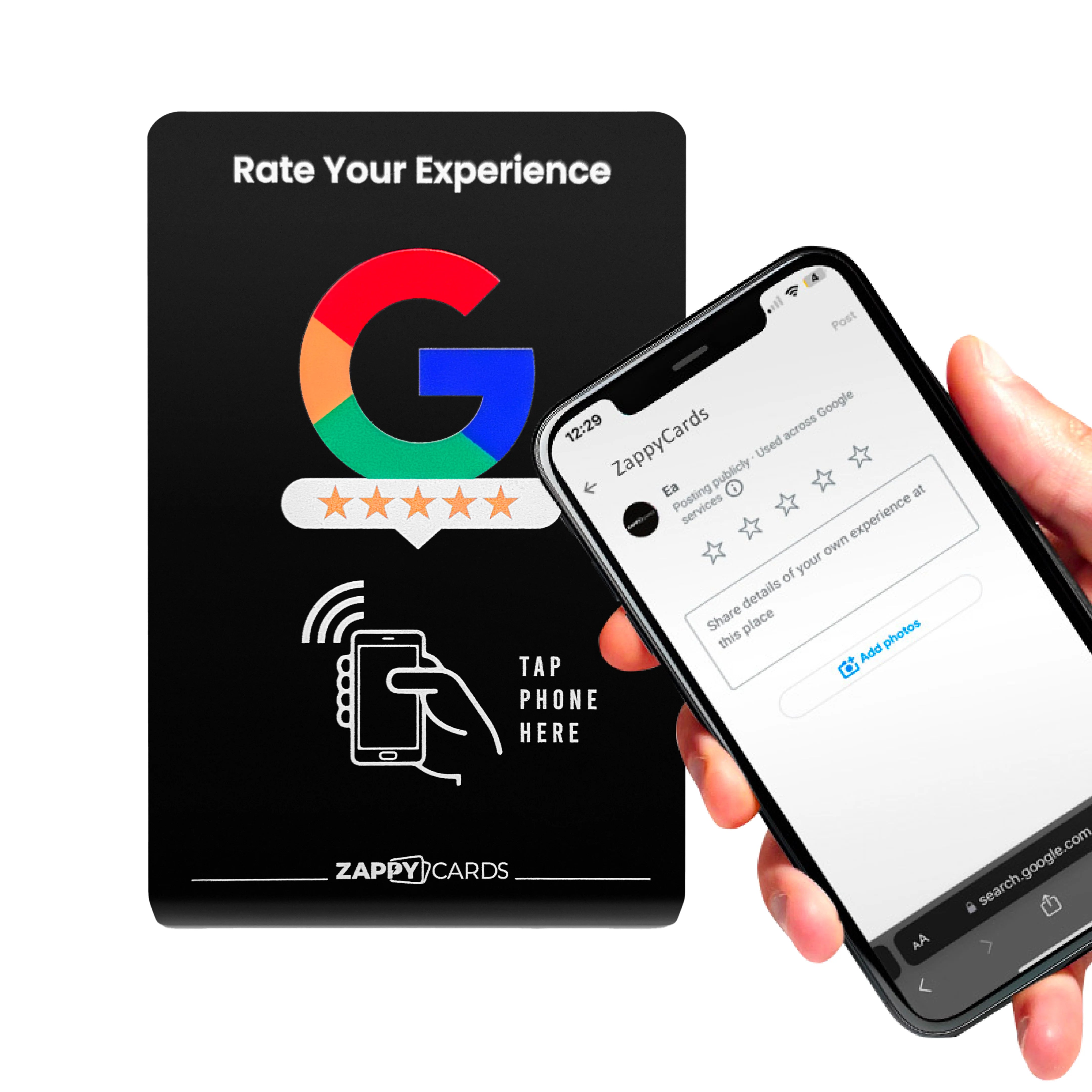 Hand holding smartphone near NFC-enabled card prompting to rate experience with Google logo and star ratings.