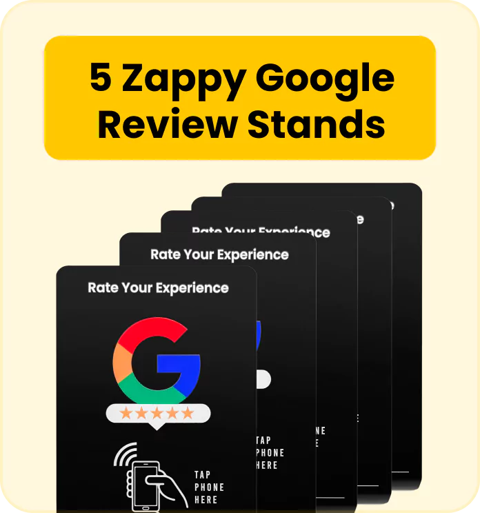 Graphic of '5 Zappy Google Review Stands' with tap-to-rate smartphone interaction demonstration.