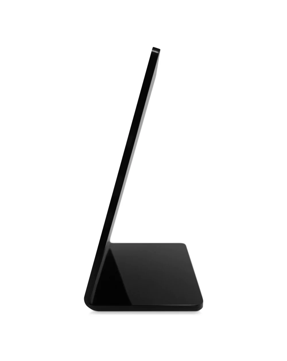 Side view of a modern, slim, black computer monitor with a stand, isolated on white background.