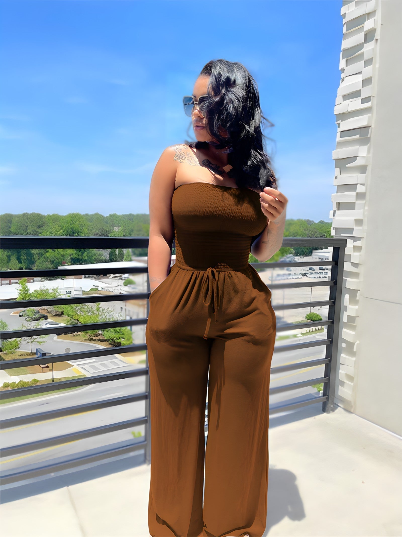 Alicia - Schouderloze Jumpsuit - Neomoda Bruin / XL