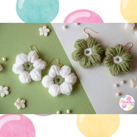 Handmade Crochet Puff Flower Earrings - Gold Plated - Lilac and Pale Yellow  - Purple Beads