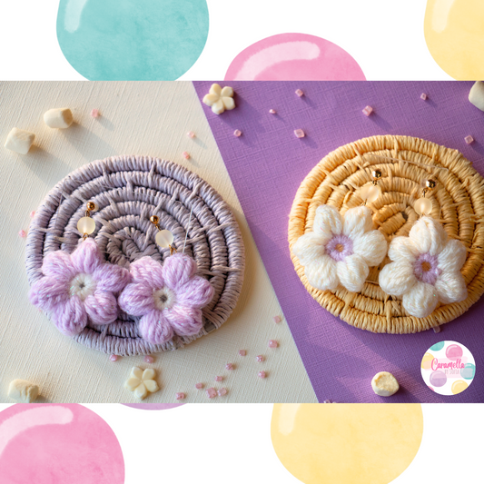 Handmade Flower Crochet Earrings - Pastel Yellow and White - Gold