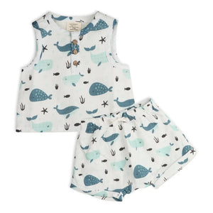 Whales Baby Top + Shorts (Organic Muslin) - haute & honeybees