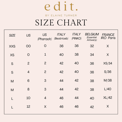 Size guide for US to multiple country sizing
