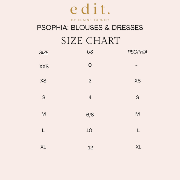 Size guide for Psophia describing US Size Guide