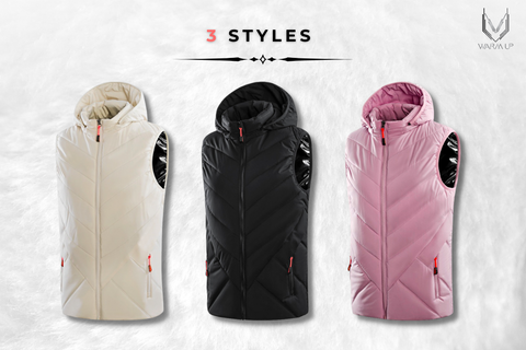 3 Styles différents d'un des modèles de manteau chauffant femme.