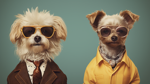 A pair of dapper dogs wearing sunglasses and stylish outfits in a Hairy Humans custom pet portrait against a teal backdrop