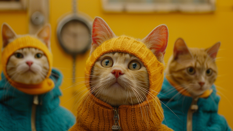 A trio of cats dressed in coordinating turquoise and yellow outfits in a custom pet portrait, their expressions portraying curiosity and attentiveness, adding a quirky charm to the concept of pet emotions.