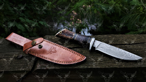 Cow Leather Handle Damascus Hunting Knife Fixed Blade Hand Forged