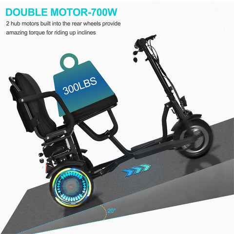 MotoTec Folding Mobility Electric Trike 48v 700w Dual Motor Lithium Black Motor