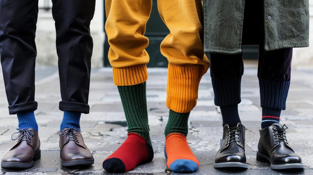 3 men wearing different material socks wool cottona nd polyester