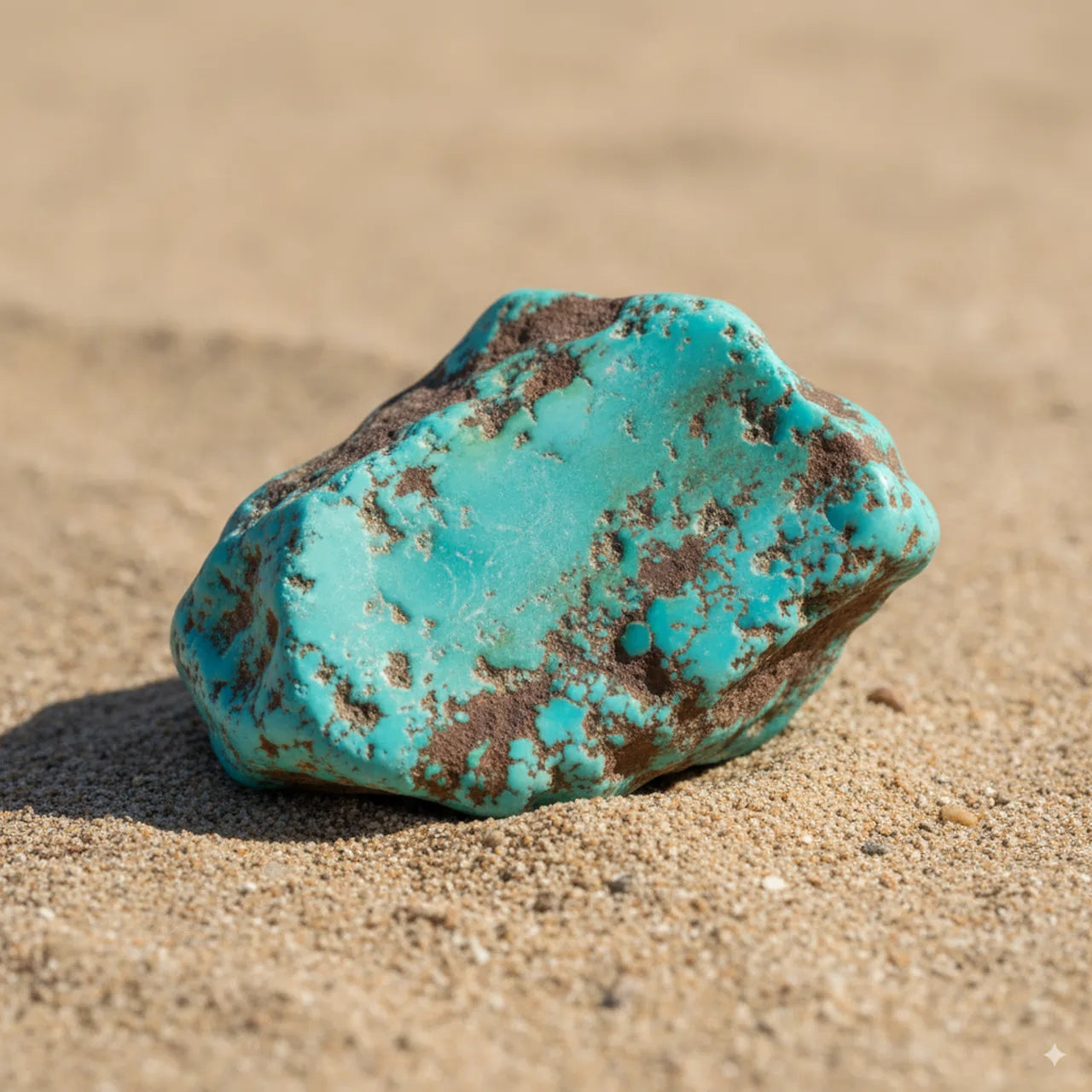Une pierre de Turquoise brute, d'un bleu-vert intense avec sa matrice rocheuse, posée sur du sable du désert pour évoquer son origine.