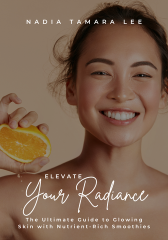 Elevate Your Radiance Book Cover of a beautiful asian girl with a big smile on her face squeezing an orange in her hand.