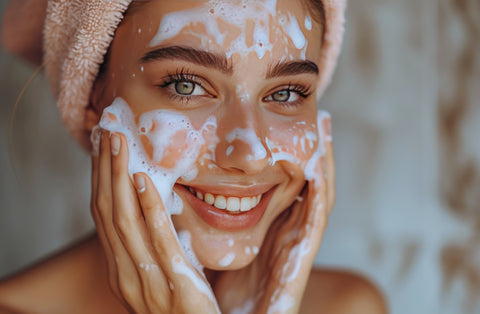 Beautiful woman is smiling as she is washing her face