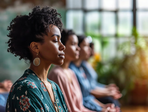 a group of people sitting with their eyes closed meditating