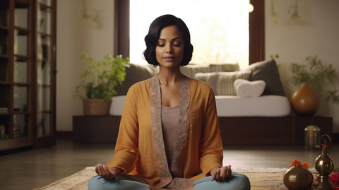 A woman practicing mindfulness in her living room