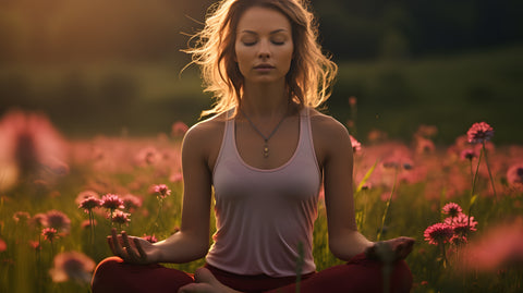 a beautiful girl sitting in a field of pink flowers in a lotus position as she meditates.