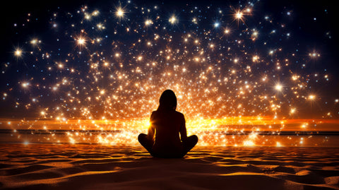 a lady sitting on the sand in front of the ocean surrounded by a beam of light as she meditates.