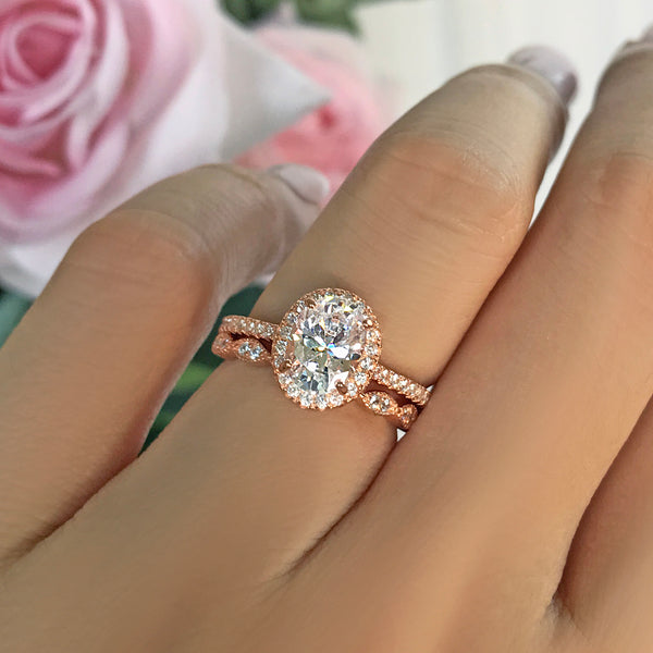 1.5 ctw Art Deco Oval Halo Bridal Wedding Set- Rose Gold – Tiger Gems