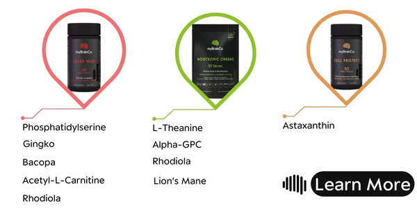 Phosphatidylserine, Gingko, Bacopa, Acetyl-l-carnitine, L-theanine, Alpha-GPC, Rhodiola, Lion's Mane, Astaxanthin