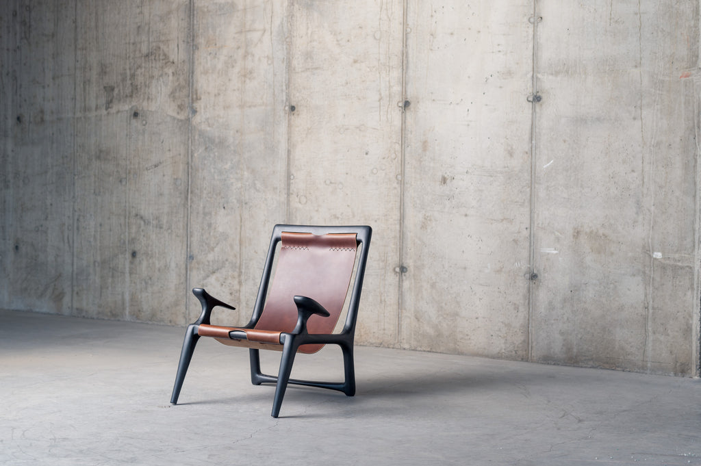 Handcrafted Danish Modern Black Leather Wood Sling Chair