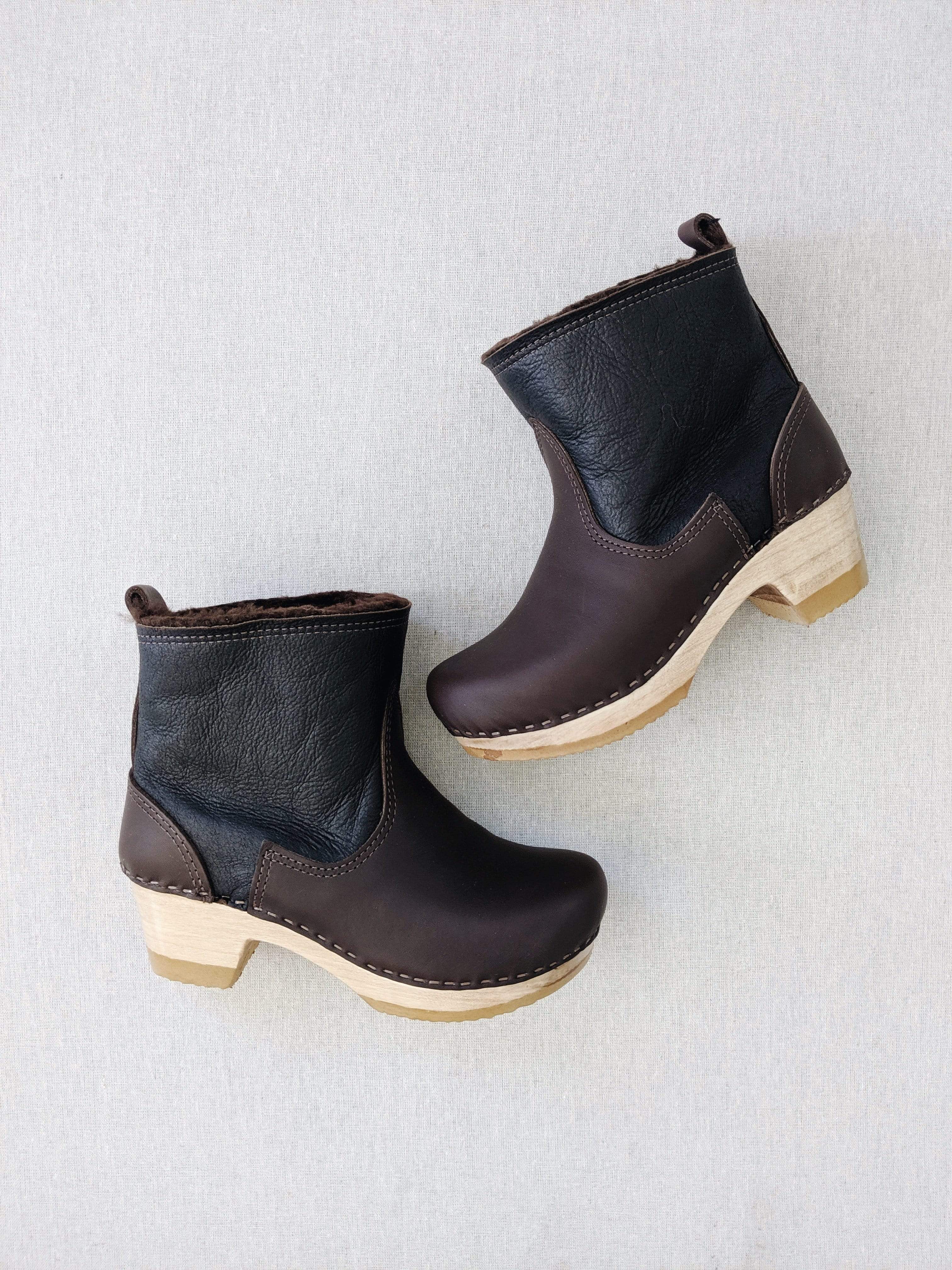 pull on shearling clog boot on mid heel in espresso aviator