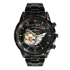 Deep in Our Hearts Feather With Birds Memorial Gift Loss Of Dad Mom Black Stainless Steel Watch - marketpresent