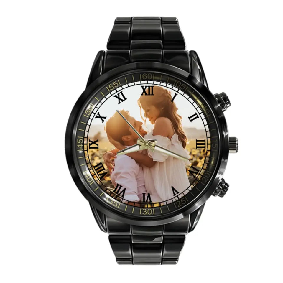 Create a Couple Gifts for Him with Couple Photo on Black Stainless Steel Watch