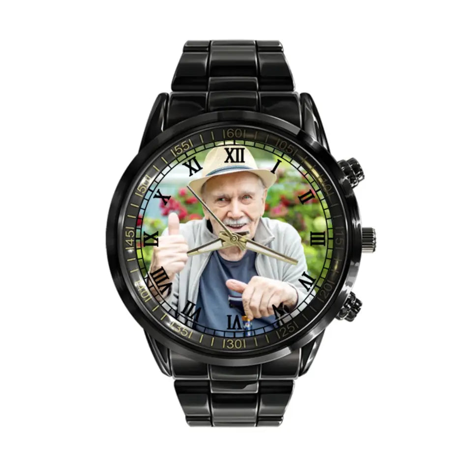 Personalized Grandpa Photo Black Stainless Steel Watch