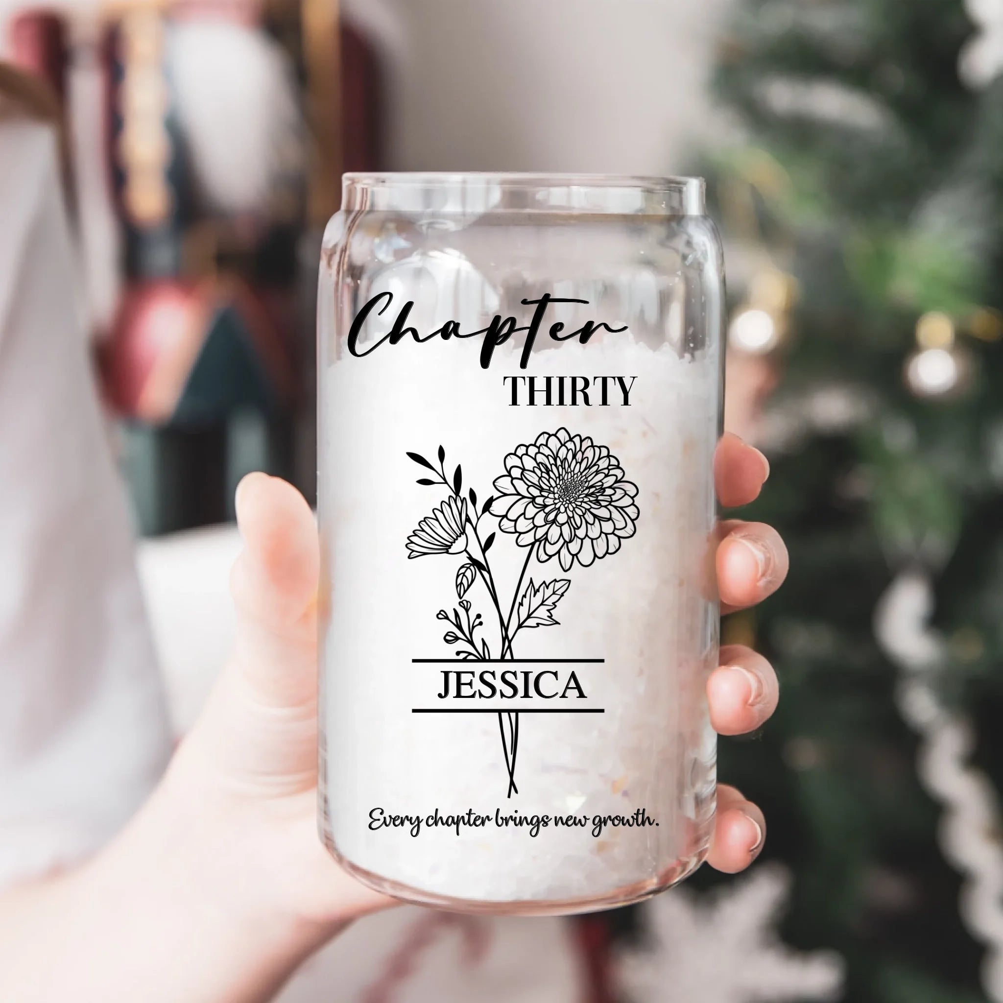 Custom Chapter 30th Birth Flower Glass Can – Personalized 30 Years Old Birthday Present for Her