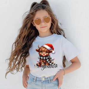 Custom Christmas Lights Highland Cow Youth Toddler Baby T-Shirt – Cute Highland Cow Christmas Personalized Shirt - marketpresent