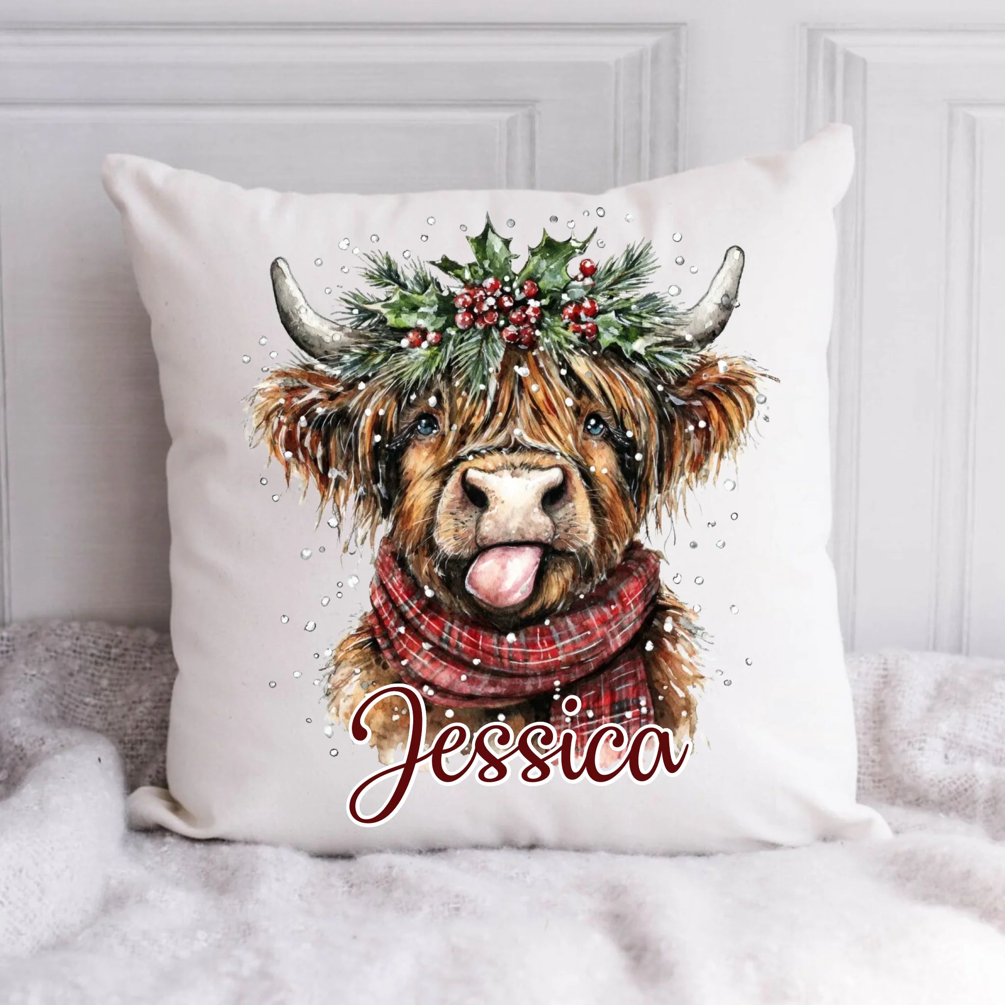 Christmas Highland Cow Personalized Pillow