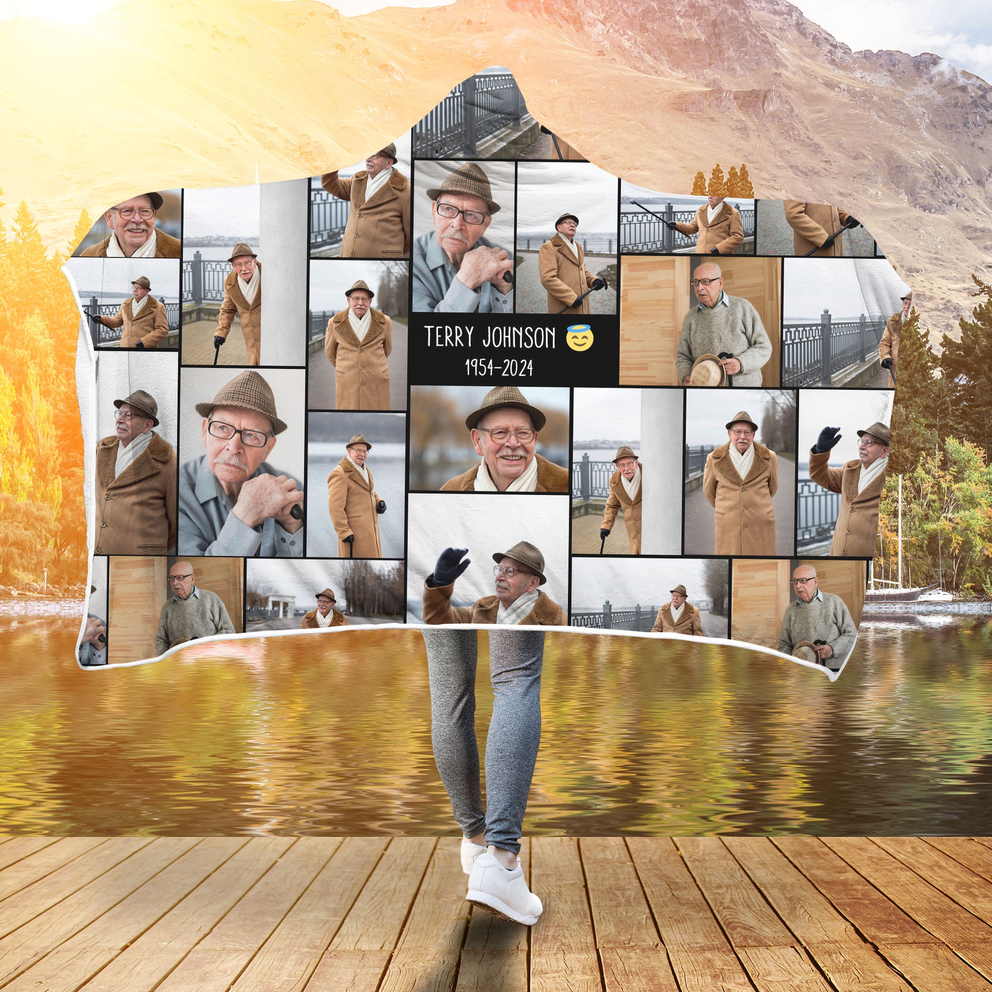Create a Memorial Gifts for Loss Of Father with Collage Photo & Text on Hooded Blanket