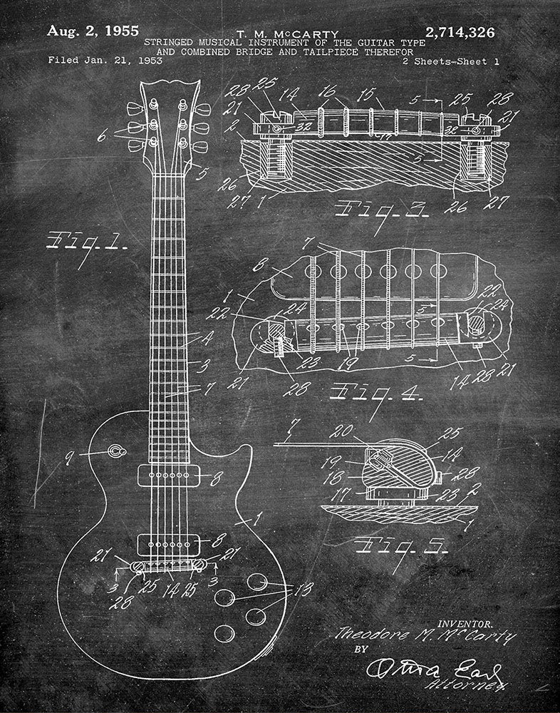 Gibson Guitar 1955 - Patent Art Print - Chalkboard