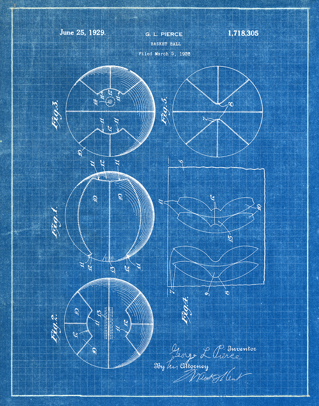 Basketball 1929 - Patent Art Print - Blueprint