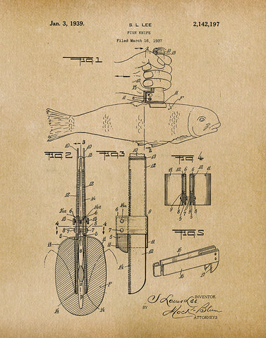 An image of a(n) Fish Knife 1939 - Patent Art Print - Parchment.