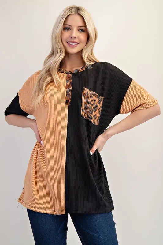 Celeste Full Size Two-Tone Knit Top with Leopard Accent Plus Size