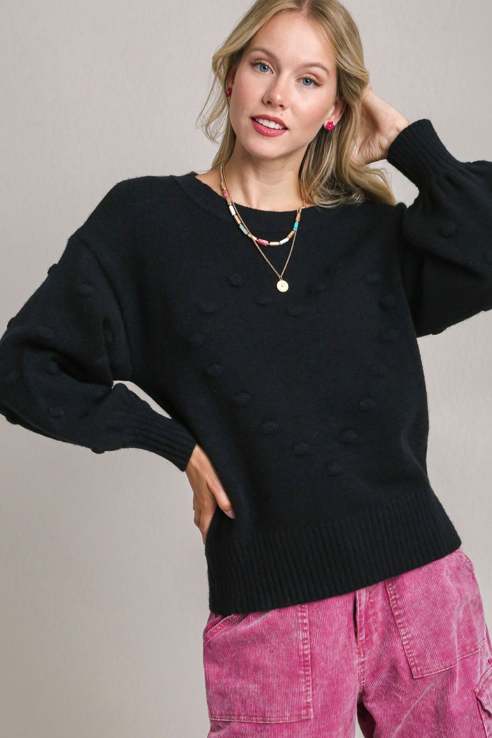 Umgee Full Size Pom Pom Knit Heart Front Round Neck Sweater Plus Size