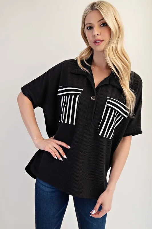 Celeste Full Size Rib Knit Collared Top with Striped Pockets Plus Size
